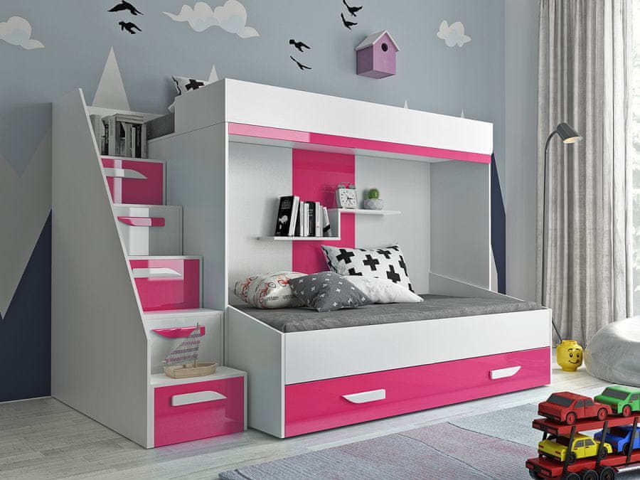 Veneti Detská poschodová posteľ s úložným priestorom Derry - biela/ ružová