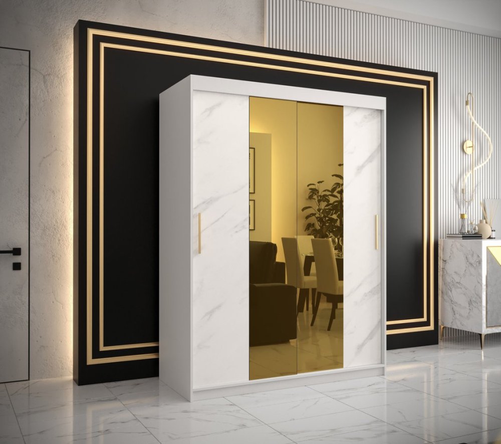 Veneti Dizajnová šatníková skriňa so zlatým zrkadlom MADLA 1 - šírka 150 cm, biela