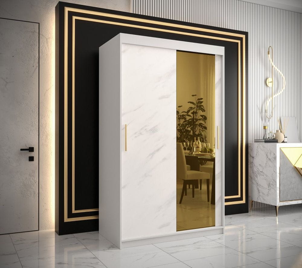 Veneti Dizajnová šatníková skriňa so zlatým zrkadlom MADLA 2 - šírka 120 cm, biela