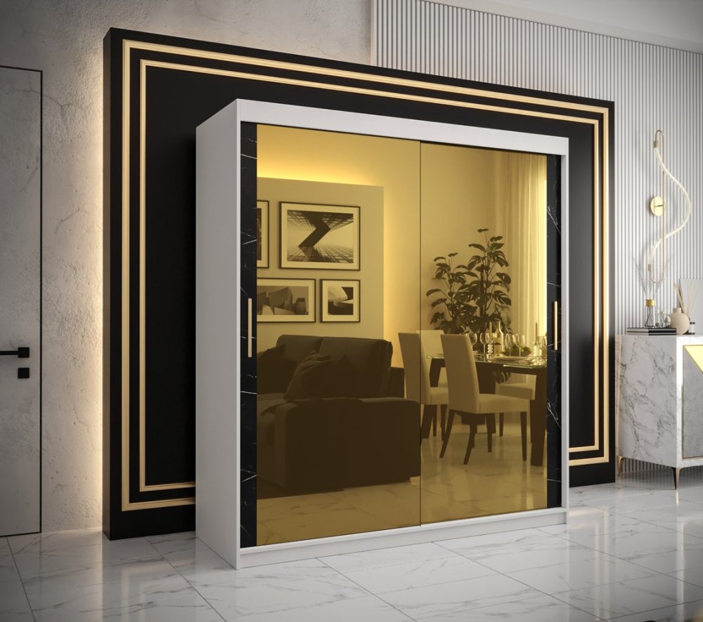 Veneti Dizajnová šatníková skriňa so zlatým zrkadlom MADLA 3 - šírka 180 cm, biela / čierna