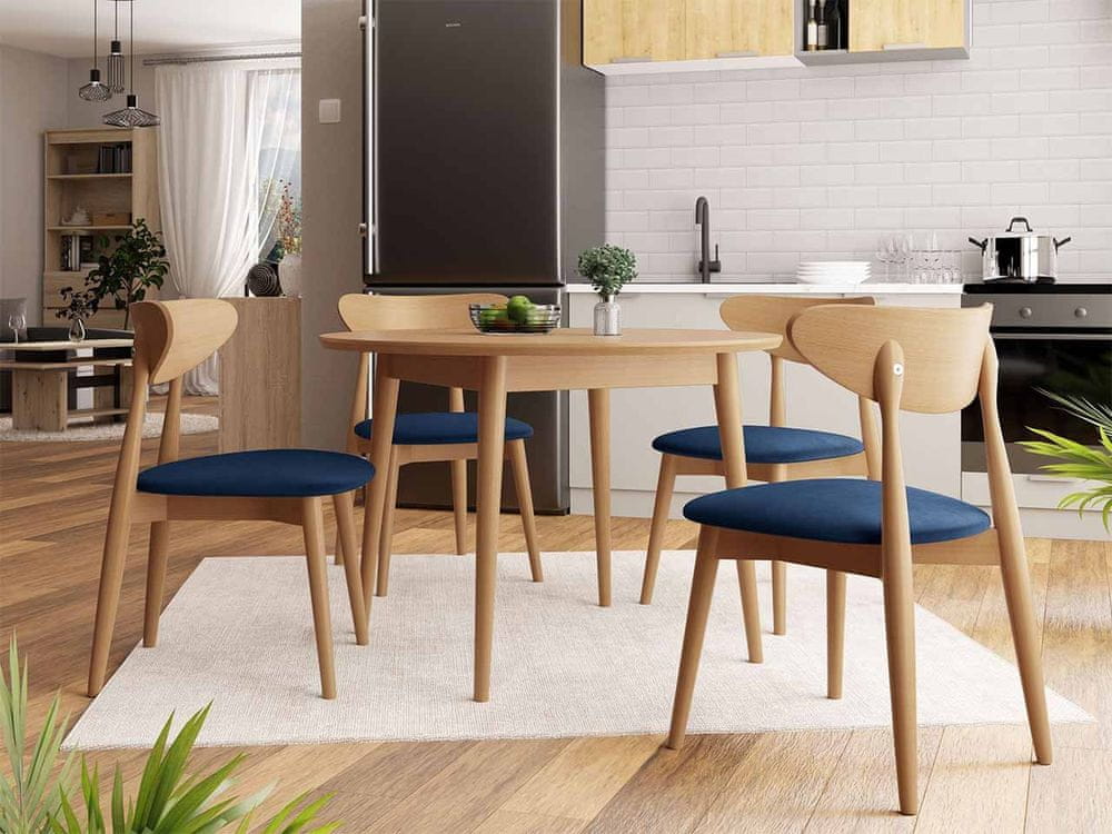 Veneti Okrúhly jedálenský stôl 100 cm so 4 stoličkami OLMIO 1 - prírodné drevo / modrý