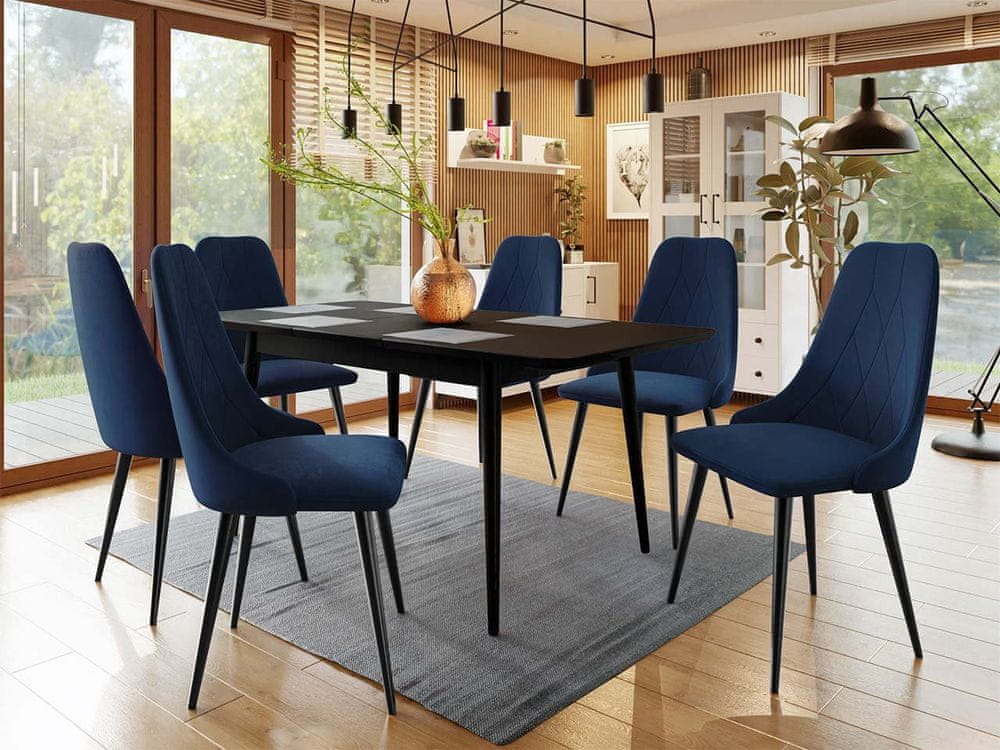 Veneti Rozkladací jedálenský stôl so stoličkami OLMIO 2 - čierny / modrý