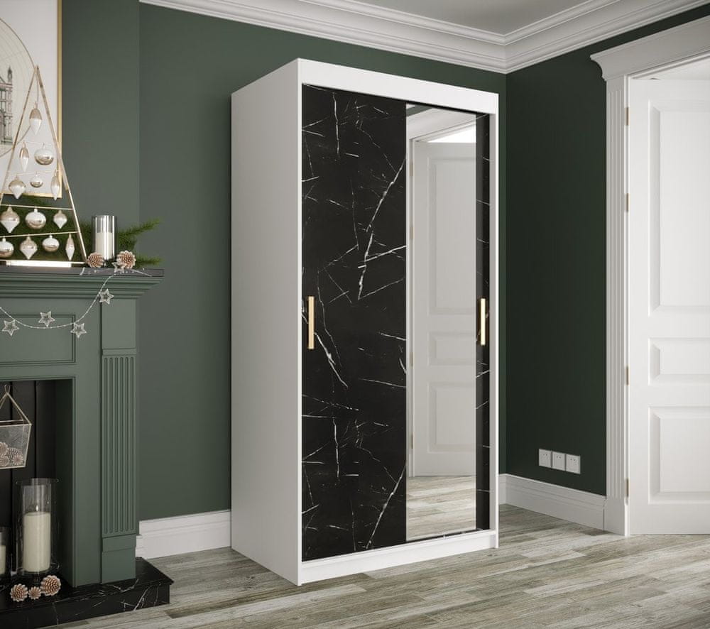 Veneti Zrkadlová skriňa s posuvnými dverami MAREILLE 3 - šírka 100 cm, biela / čierny mramor