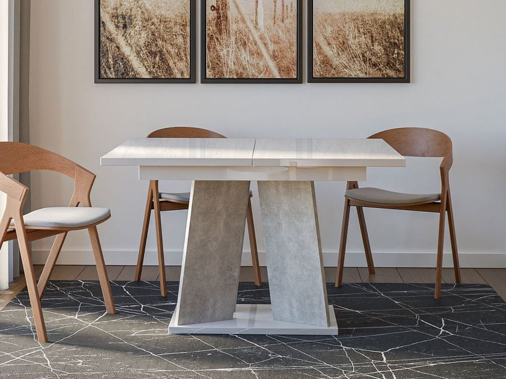 Veneti Moderný rozkladací jedálenský stôl RANDOY - betón / lesklý biely