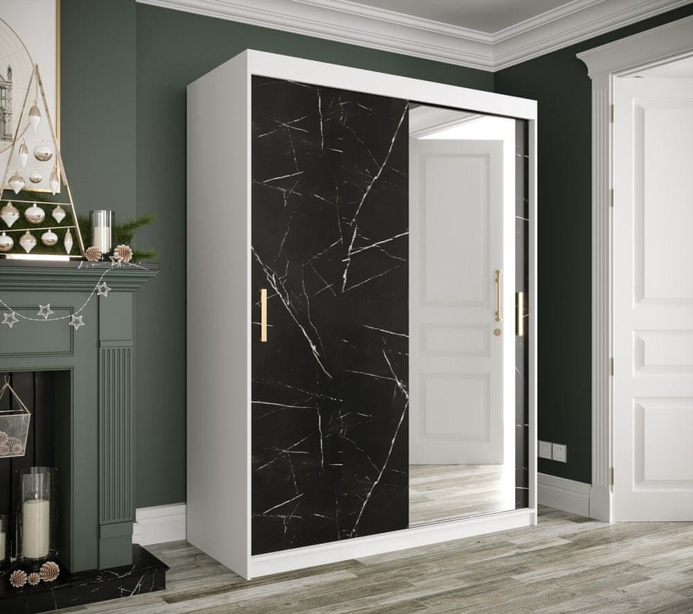 Veneti Zrkadlová skriňa s posuvnými dverami MAREILLE 3 - šírka 150 cm, biela / čierny mramor