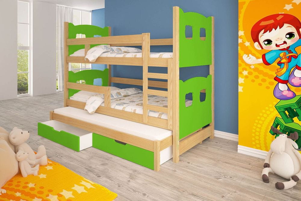Veneti Detská poschodová posteľ pre troch KALA 1 - 75x180, borovica / zelená