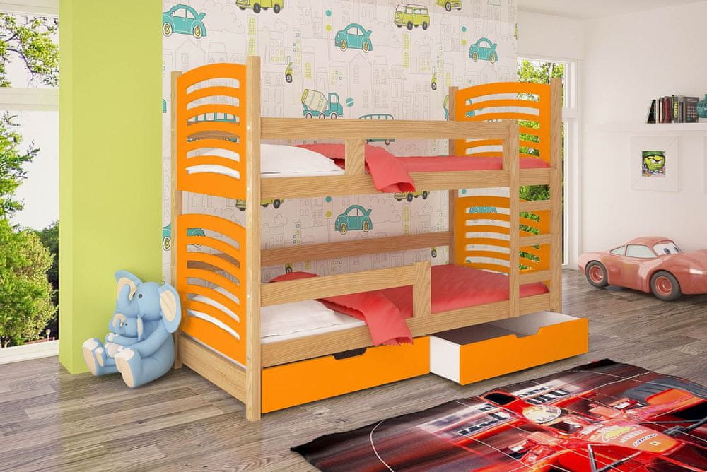 Veneti Poschodová posteľ s úložným priestorom KALA 2 - 75x180, borovica / oranžová
