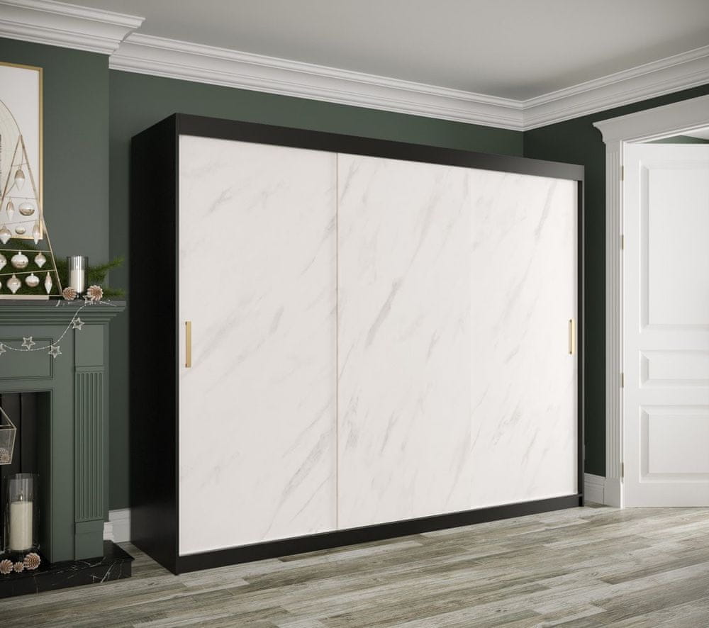 Veneti Skriňa s posuvnými dverami MAREILLE 1 - šírka 250 cm, čierna / biely mramor