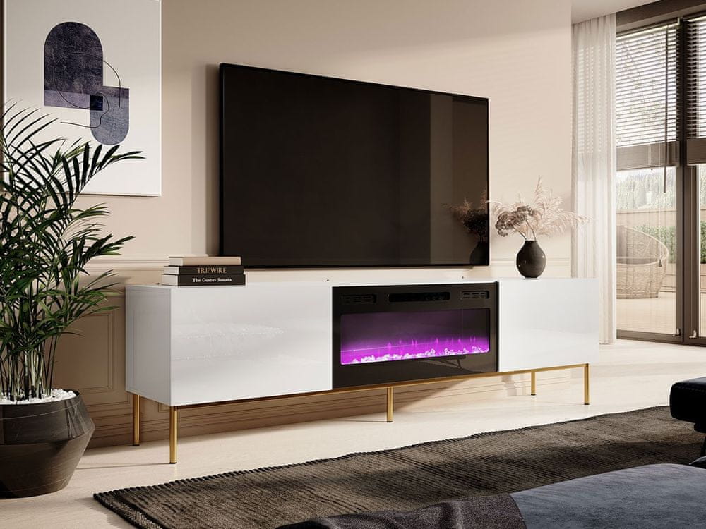 Veneti TV stolík s elektrickým krbom TOKA - lesklý biely / zlatý