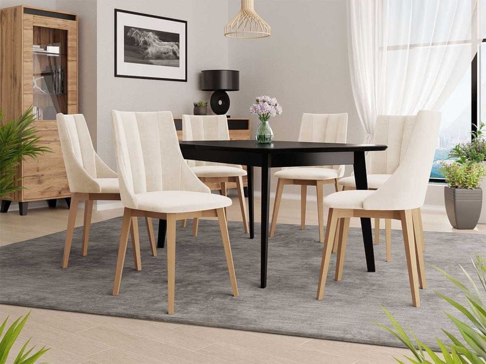 Veneti Rozkladací jedálenský stôl so 6 stoličkami NOWEN 2 - čierny / prírodné drevo / béžový