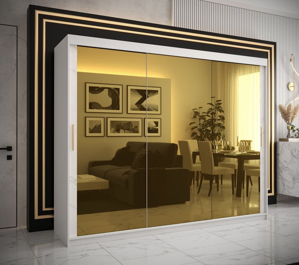 Veneti Dizajnová šatníková skriňa so zlatým zrkadlom MADLA 3 - šírka 250 cm, biela