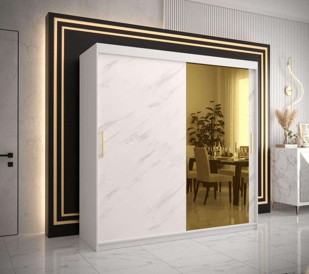 Veneti Dizajnová šatníková skriňa so zlatým zrkadlom MADLA 2 - šírka 200 cm, biela