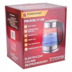 Powermat Rýchlovarná kanvica, akumulátorové sklo | LED 2200 PM-ECB-17-GB