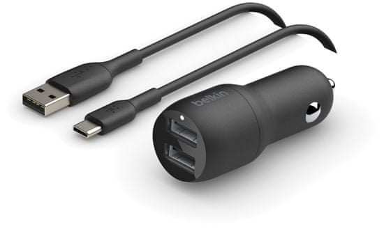 Belkin dual USB-A auto nabíjačka 24W + USB-C kábel, čierna, CCE001bt1MBK