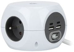 Solight predlžovací prívod kocka, 3 zásuvky, 4× USB + Wireless 10W, 1,5m, 3x1,5mm2, biely, PP146USBW