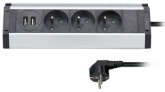 Solight prodlužovací přívod, 3 zásuvky + 2× USB, 1,5m, 3× 1mm2, hliník, rohový design, PP104USB