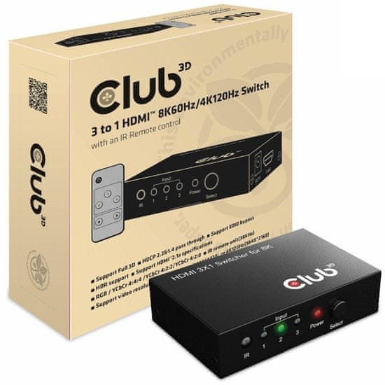 Club 3D rozdeľovač videa 1:3 HDMI 8K60Hz/4K120Hz, 3 porty, CSV-1381