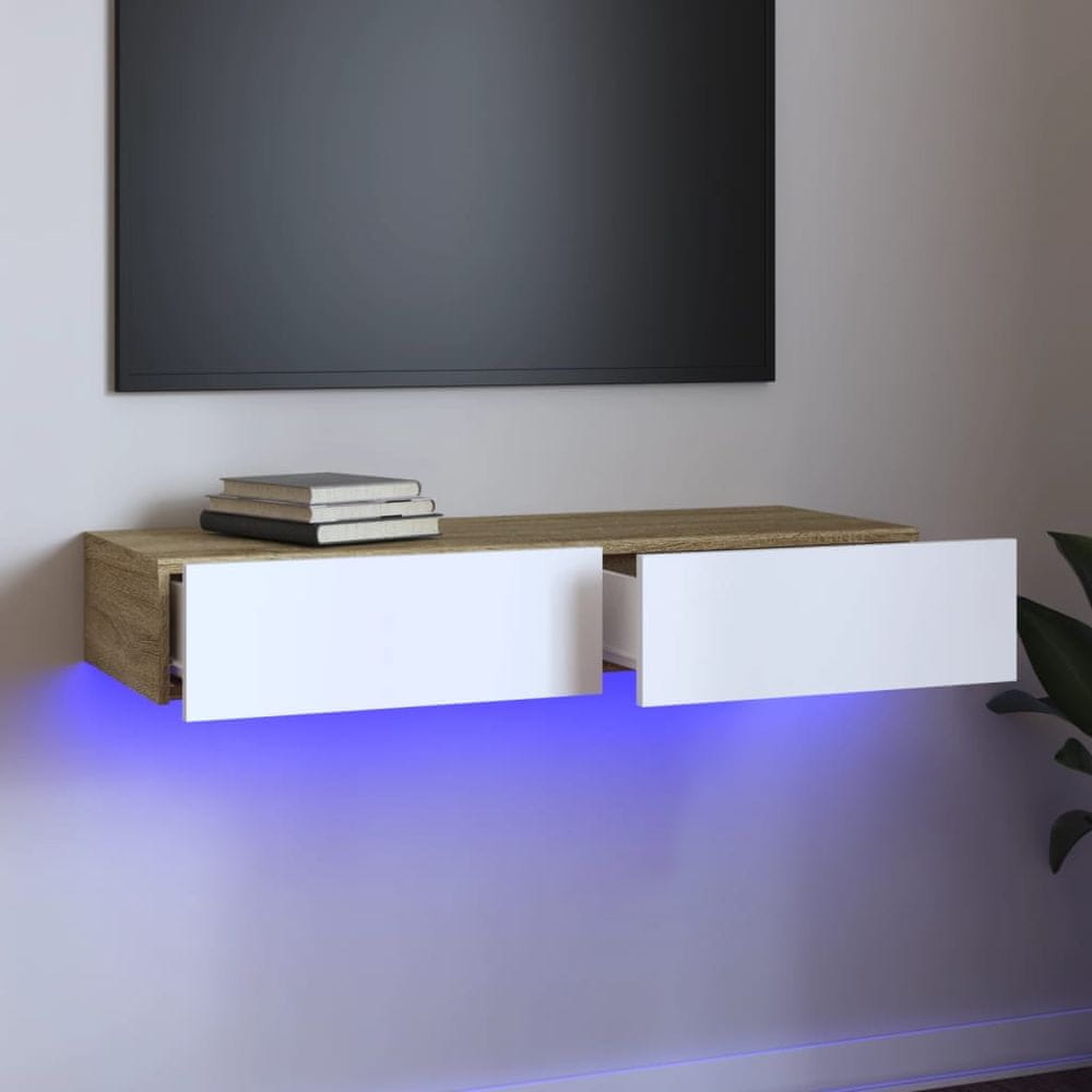 Vidaxl TV skrinka s LED svetlami biela a dub sonoma 90x35x15,5 cm