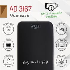 Adler Kuchynská váha - 10 kg - dobíjanie cez USB - vodotesná