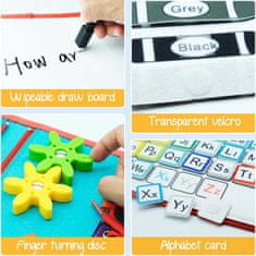 Netscroll Didaktická hračka so 7 rôznymi aktivitami, didaktický kufor, tabuľa na kreslenie, 12 rôznych tvarov a postáv, skladačka, učenie čísel a farieb, abeceda, viazanie topánok, SensoryBook