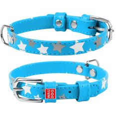 WAUDOG Plochý kožený obojok s hviezdičkami modrý svietiaci 19-25cm, šírka: 9mm modrá