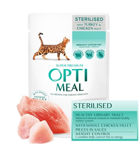 OptiMeal Superpremium pre sterilizované mačky s morčacím a kuracím filé v omáčke 12 x 85 g