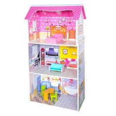 Iso Trade Drevený domček pre bábiky 5 ks nábytku | 3 poschodia