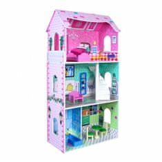 Iso Trade Drevený domček pre bábiky 8 ks nábytku | 3 poschodia