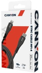 Canyon nabíjací kábel Lightning MFI-4, USB-C Power delivery 18W, Apple certifikát, dĺžka 1.2m, čierna