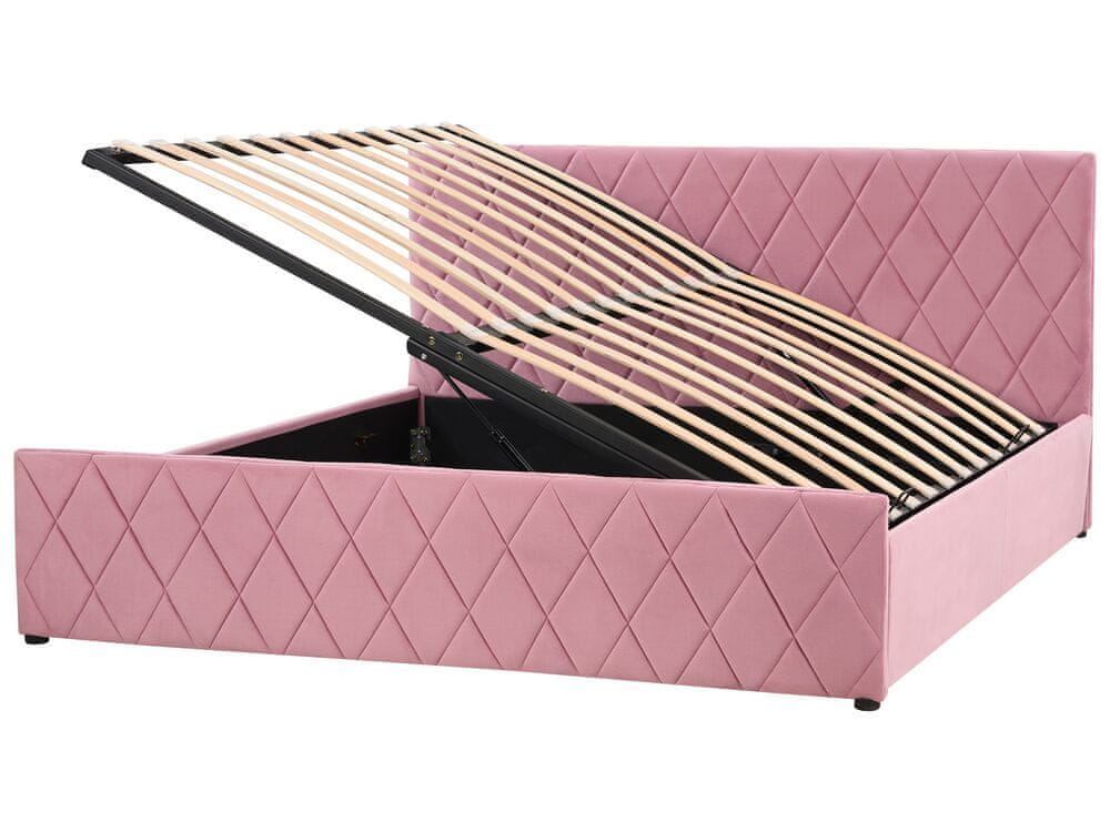 Beliani Zamatová posteľ s úložným priestorom 180 x 200 cm ružová ROCHEFORT
