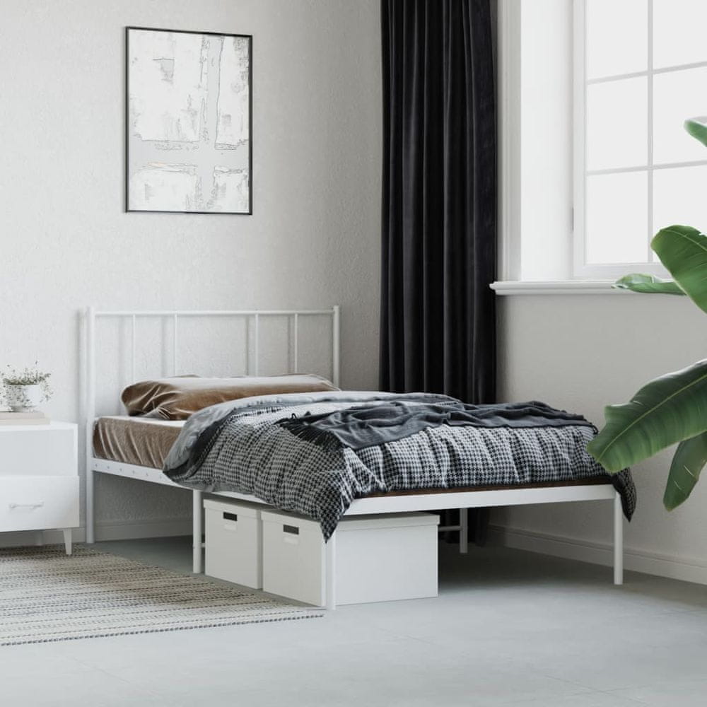 Vidaxl Kovový rám postele s čelom biely 90x200 cm