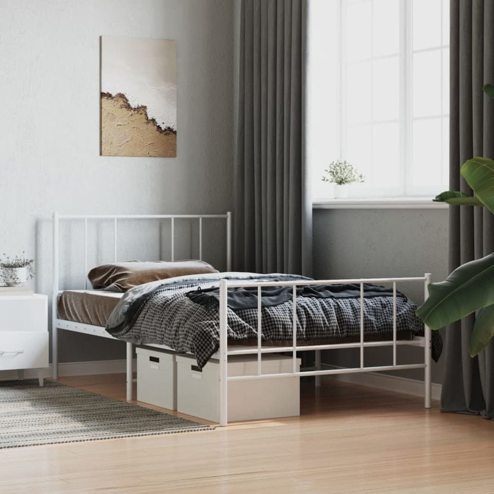 Vidaxl Kovový rám postele s čelom a podnožkou biely 90x190 cm