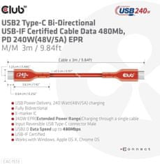 Club 3D kábel USB-C, USB-IF Certifikovaný 480Mb, PD 240W(48V/5A) EPR, obousměrný, 3m