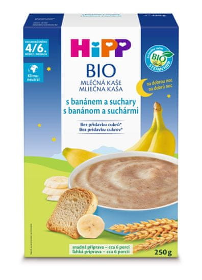 HiPP BIO Kaša mliečna na dobrú noc s banánom a suchármi od uk. 4.-6. mesiaca, 250g