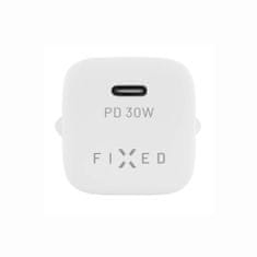 FIXED síťová nabíječka Mini s USB-C, PD, 30W, biela + USB-C - USB-C kábel, 1m, biela