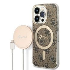 Guess Kryt na mobil 4G MagSafe na Apple iPhone 14 Pro + bezdrátová nabíječka - hnědý