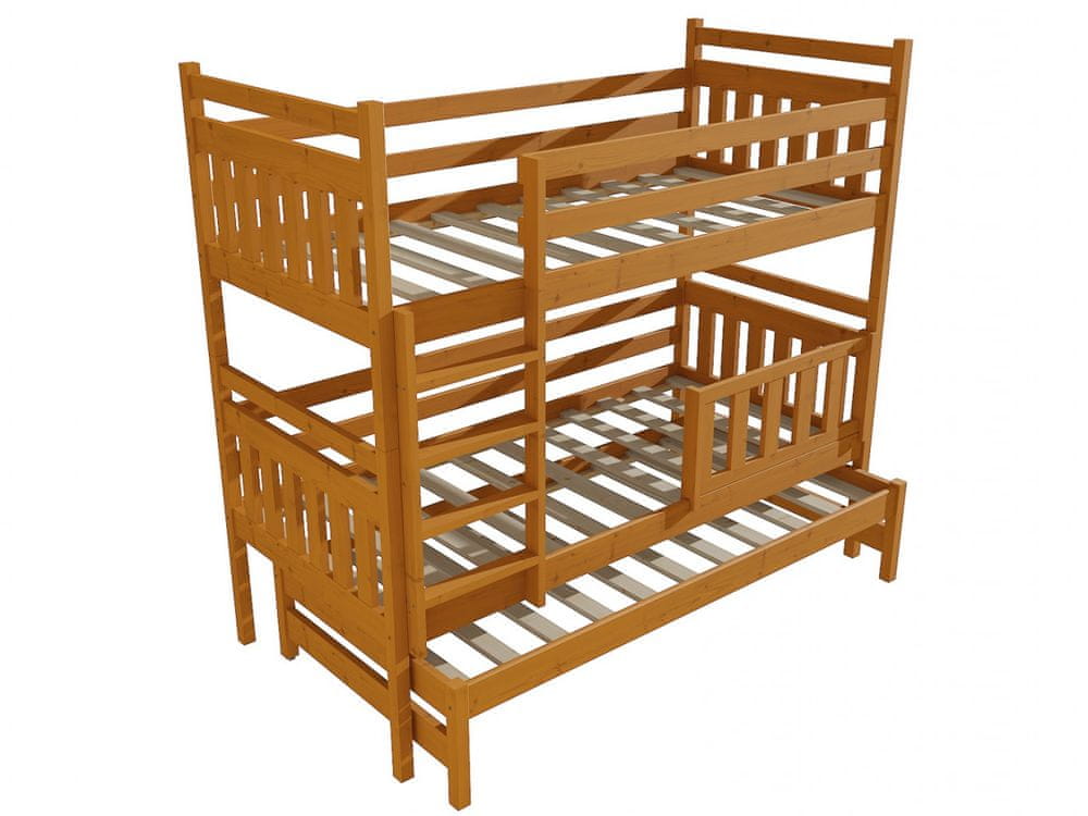 eoshop Poschodová posteľ s výsuvnou prístelkou PPV 004 so zábranou (Rozmer: 80 x 180 cm, Priestor medzi lôžkami: 90 cm, Farba dreva: morenie jelša)