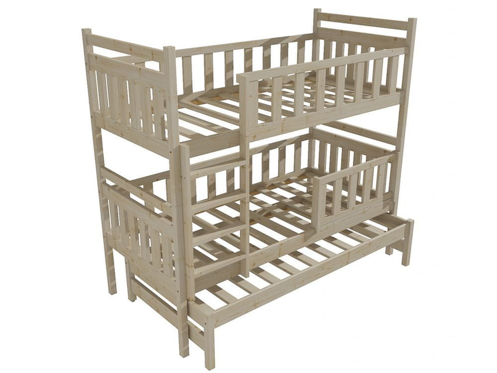 eoshop Poschodová posteľ s výsuvnou prístelkou PPV 008 so zábranou (Rozmer: 80 x 200 cm, Priestor medzi lôžkami: 100 cm, Farba dreva: surové drevo)