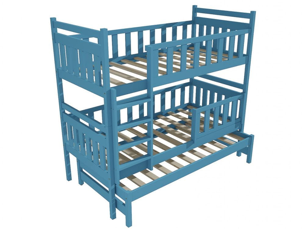 eoshop Poschodová posteľ s výsuvnou prístelkou PPV 008 so zábranou (Rozmer: 90 x 200 cm, Priestor medzi lôžkami: 90 cm, Farba dreva: farba modrá)