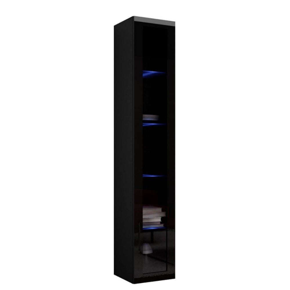 Veneti Vysoká závesná vitrína s LED modrým osvetlením ASHTON - čierna / lesklá čierna