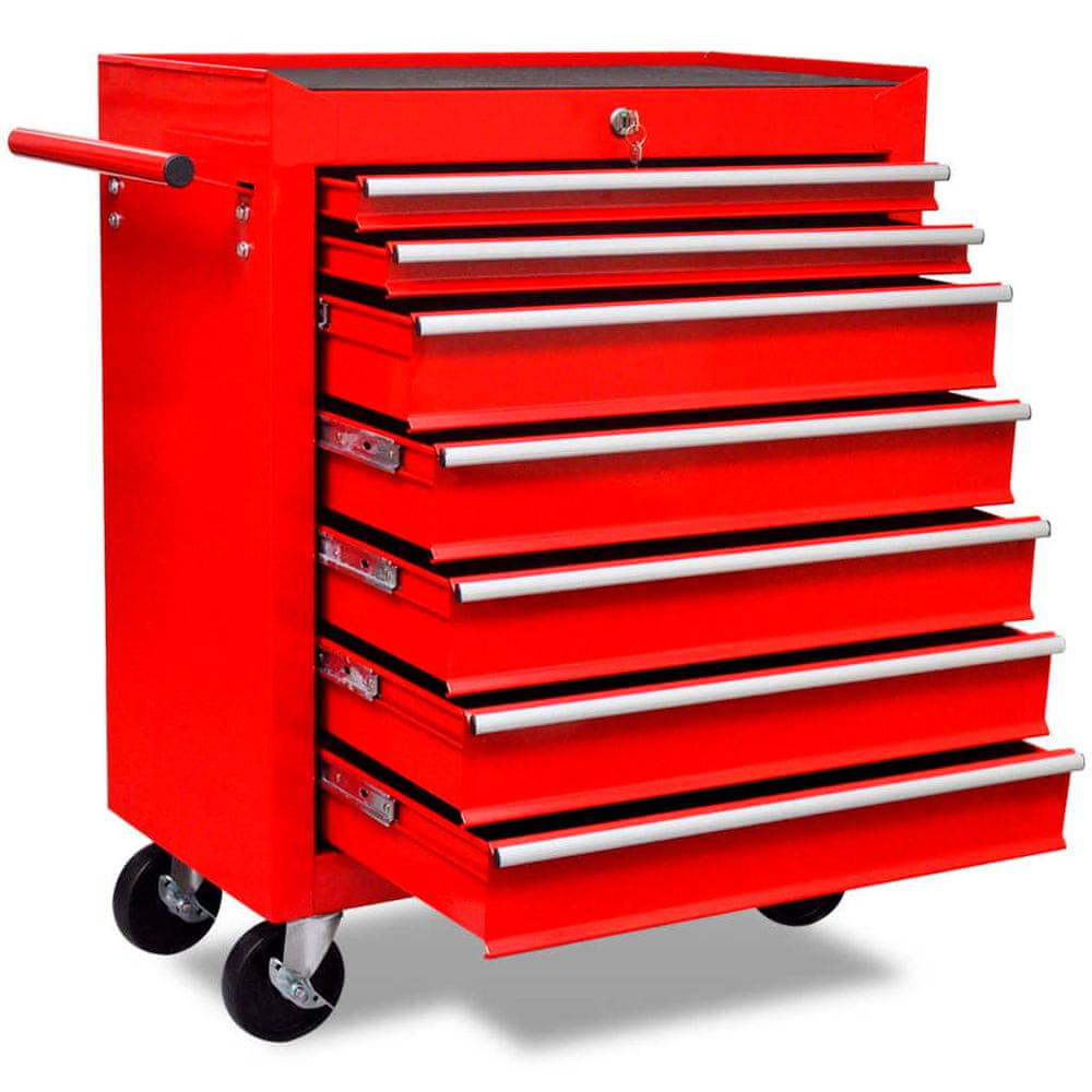 Vidaxl Červený dielenský vozík na náradie so 7 zásuvkami