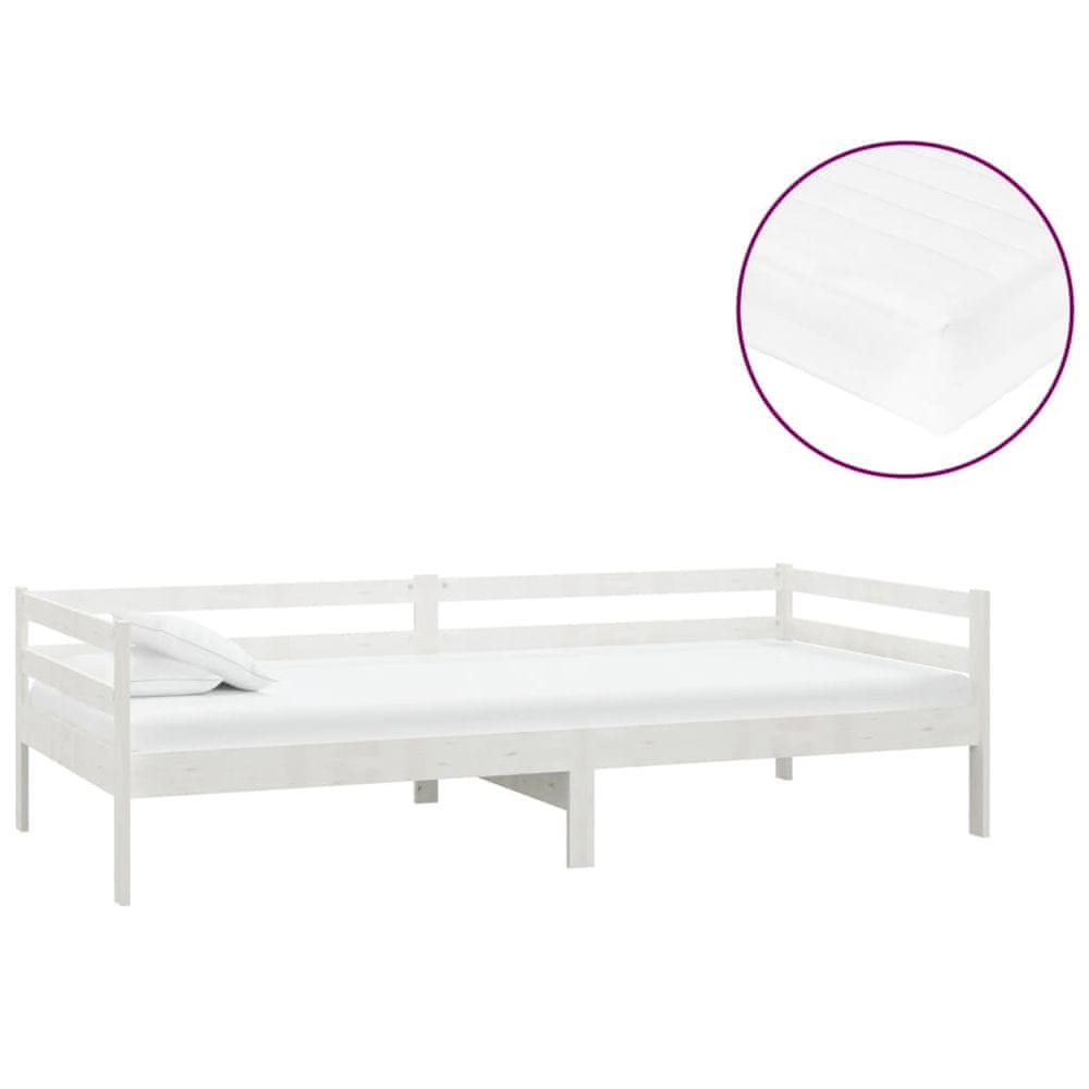 Vidaxl Denná posteľ s matracom 90x200 cm, biela, borovicový masív