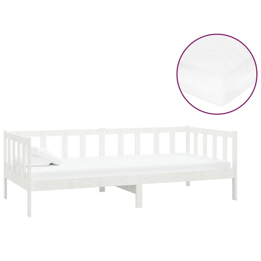 Vidaxl Denná posteľ s matracom 90x200 cm, biela, borovicový masív