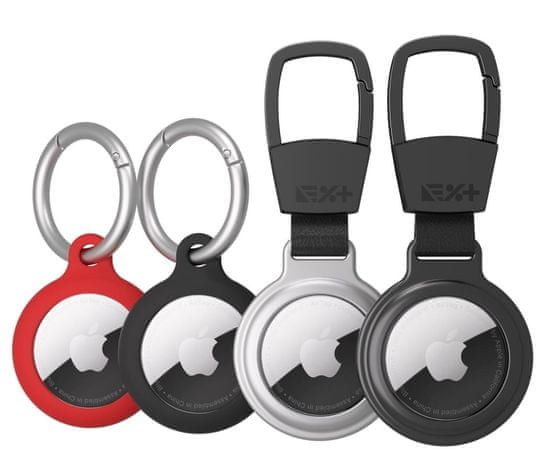 Next One Silicone Clips & Aluminium Carabiners for AirTag - 4 pack - Red, Grey, Silver, Black, ATG-PACK-ALUSIL