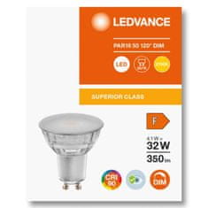 LEDVANCE Stmievateľná LED žiarovka GU10 4,1W = 32W 350lm 2700K Teplá biela 120° CRI90 Sklo Superior
