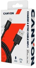 Canyon nabíjací kábel Lightning MFI-1, kompaktný, Apple certifikát, dĺžka 1m, čierna