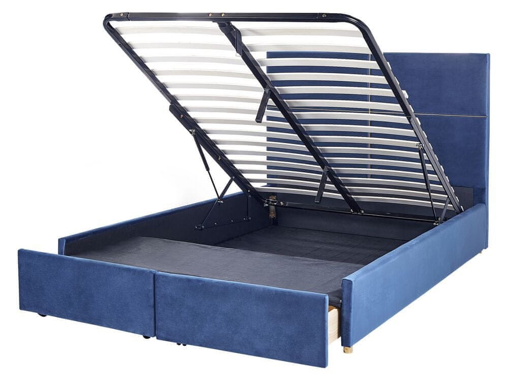 Beliani Zamatová posteľ s úložným priestorom 140 x 200 cm modrá VERNOYES