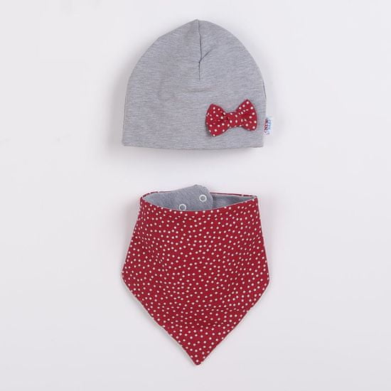 NEW BABY Dojčenská čiapočka so šatkou na krk Missy šedo-červená - 80 (9-12m)