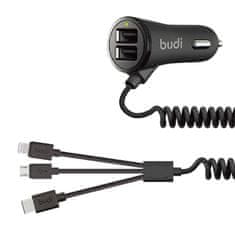 Budi Budi 068T3 2x USB nabíjačka do auta, 3,4A + kábel 3v1 USB na USB-C / Lightning / Micro USB (čierna)