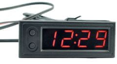 HADEX Teplomer, hodiny, voltmeter panelový 3v1, 12V, červený, 1 tepl. čidlo